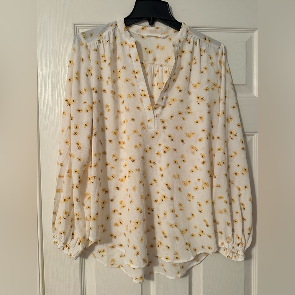 Lush White Blouse with Yellow Floral Pattern